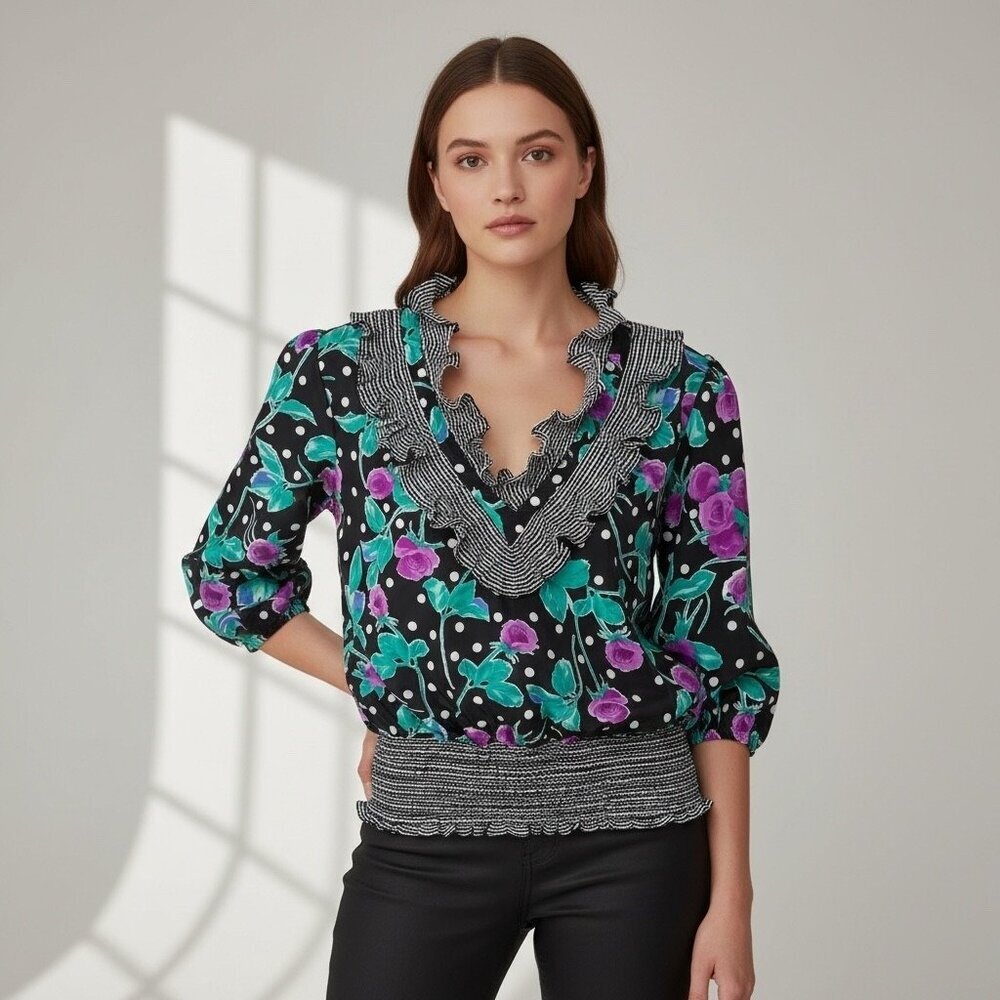 Mosaic Vintage 80's Black Floral Ruffled Blouse Polka Dot Cottagecore Size XL